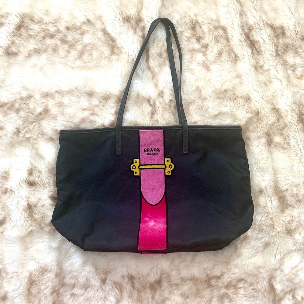 Prada Black & Velvet Nylon Tessuto Ricamo Tote Bag